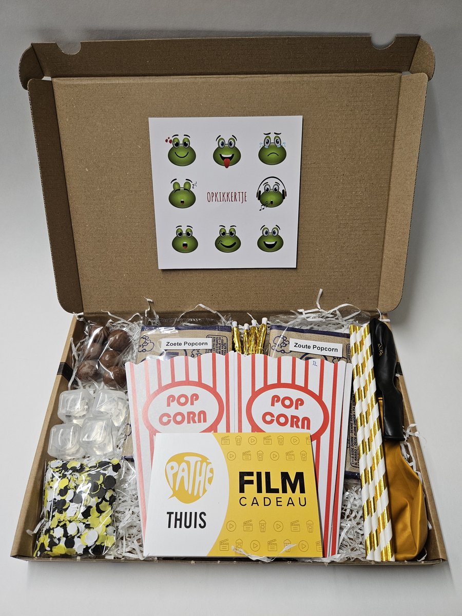 Film Pret Pakket - Opkikkertje met filmcadeaubon, mystery card met persoonlijke (video)boodschap en vele film-feestartikelen | Verjaardag | Jubileum | Zomaar